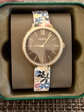 Fossil Gold-Tone Watch with Floral Multicolor Strap